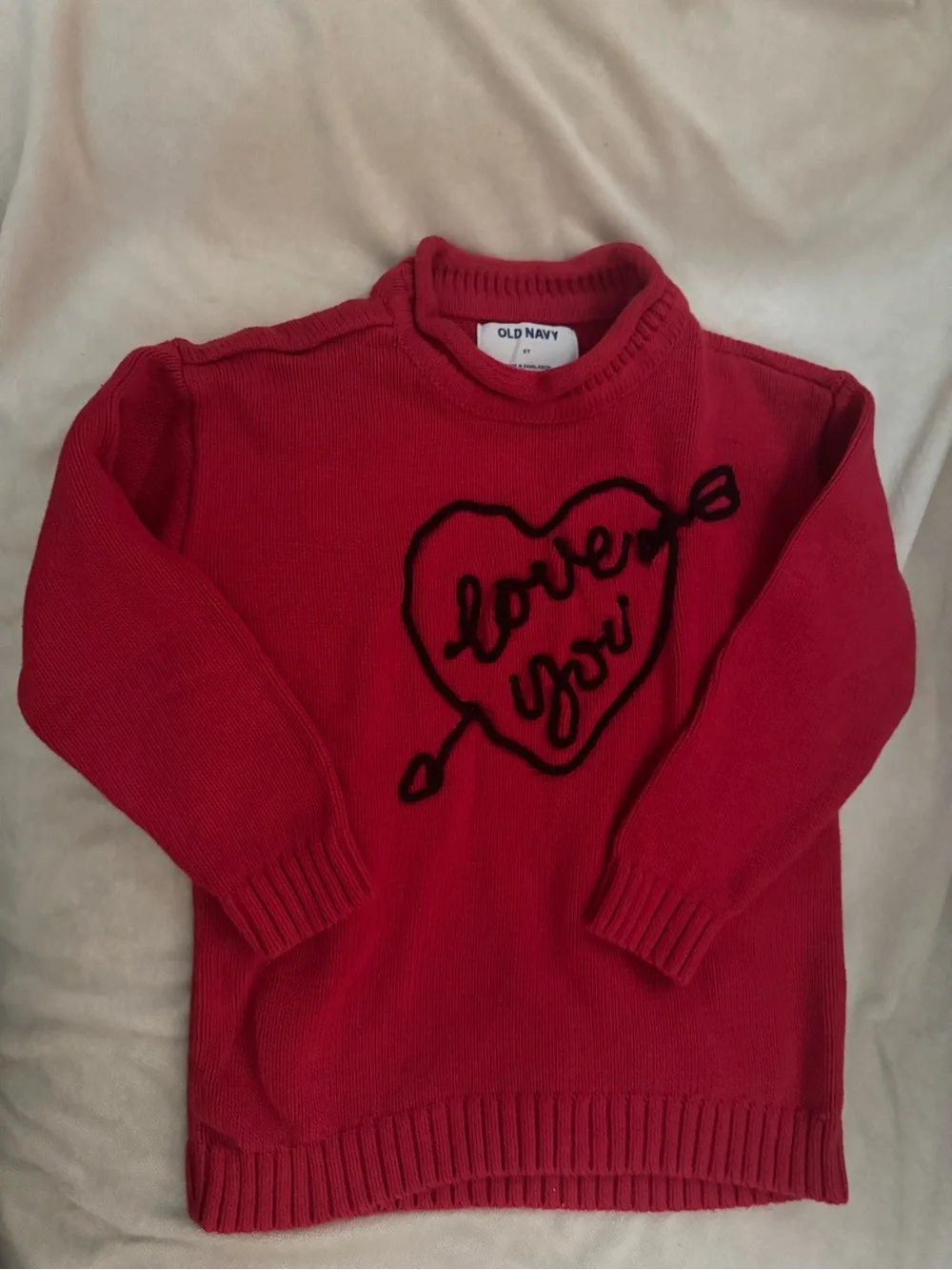 Old Navy Red Crewneck Sweater with Black Heart Script